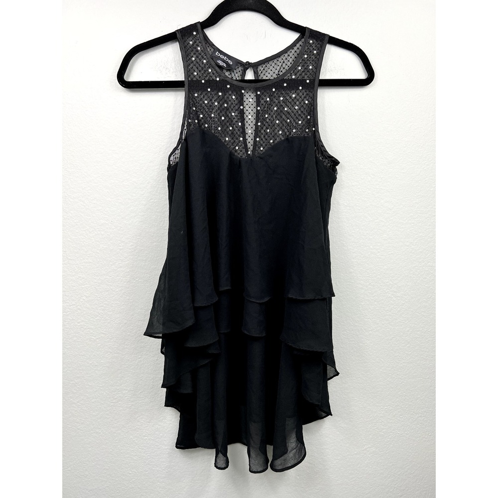 bebe Top Womens XS Black Tiered Ruffle Rhinestone Mesh Yoke Sleeveless High Low